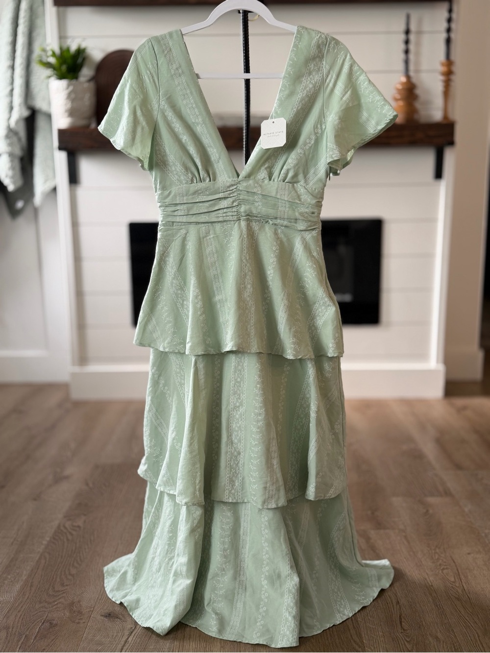Altar'd State Seafoam Green Tiered V‑Neck Midi Dress